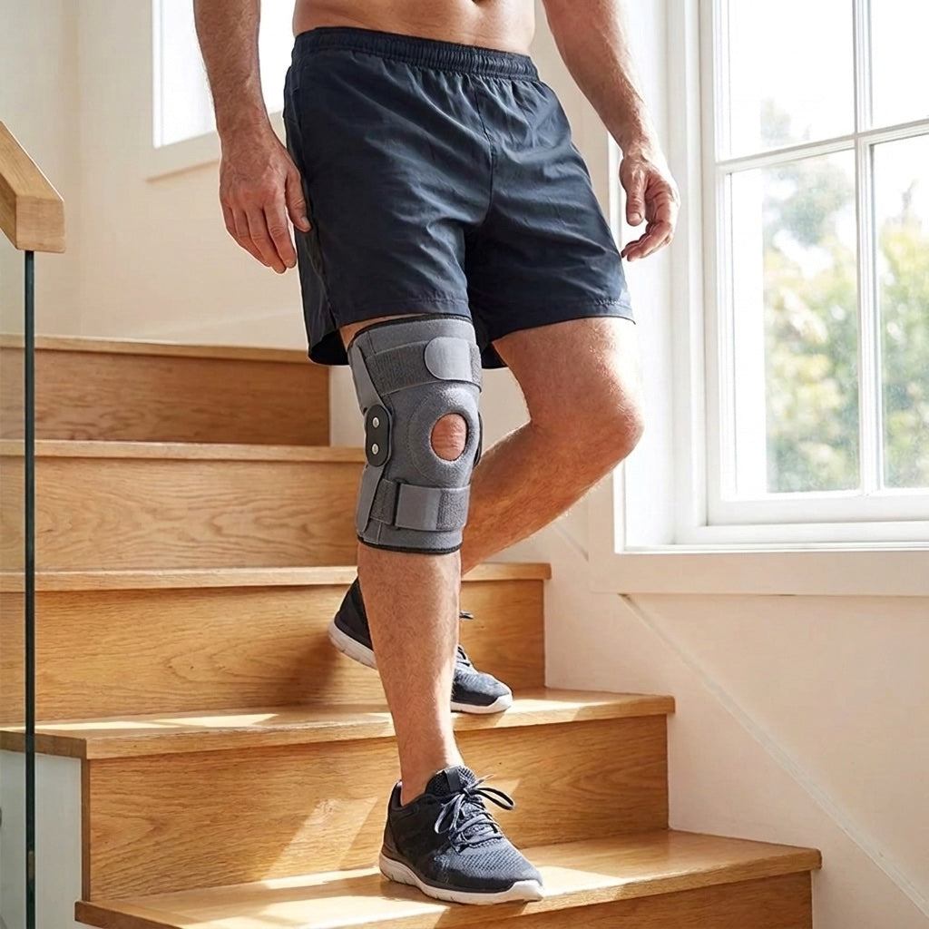 The Steadmile hinged knee brace worn on the knee: an aluminum side hinge and the open kneecap, coming down a flight of stairs