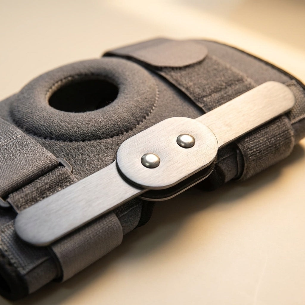 The aluminum side hinge, shown at the side of the knee