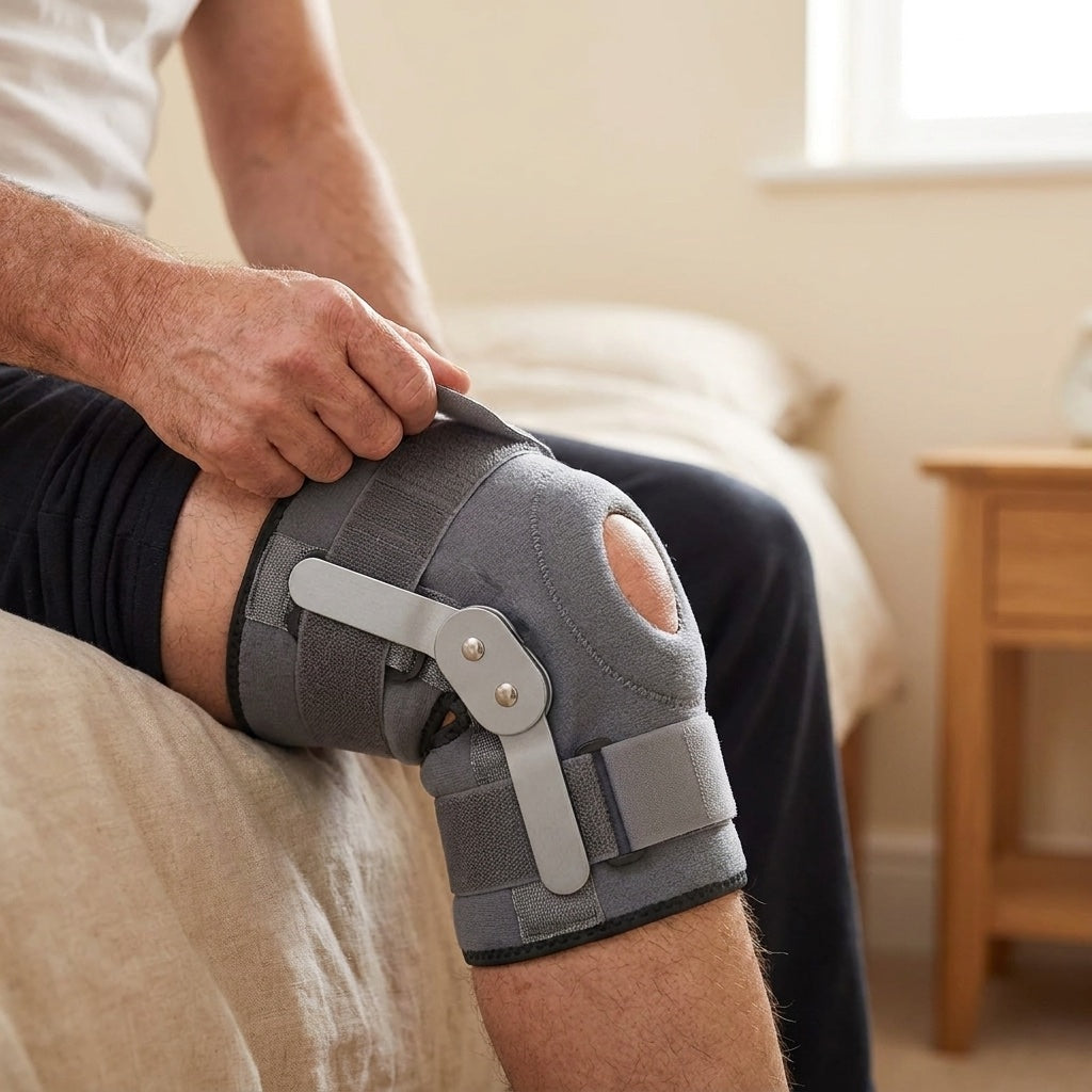 Worn with the knee bent — two of the four straps, the pair you see from this angle